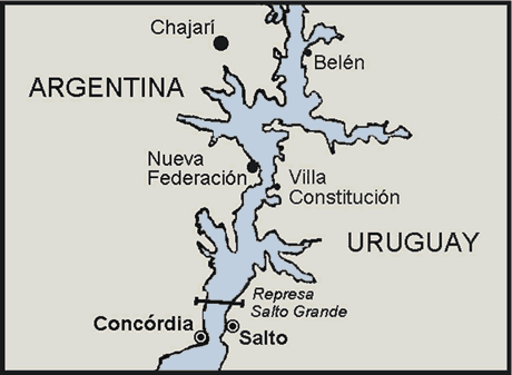 Ubicación actual de la ciudad de Federación al borde del Lago de Salto Grande, provincia de Entre Ríos